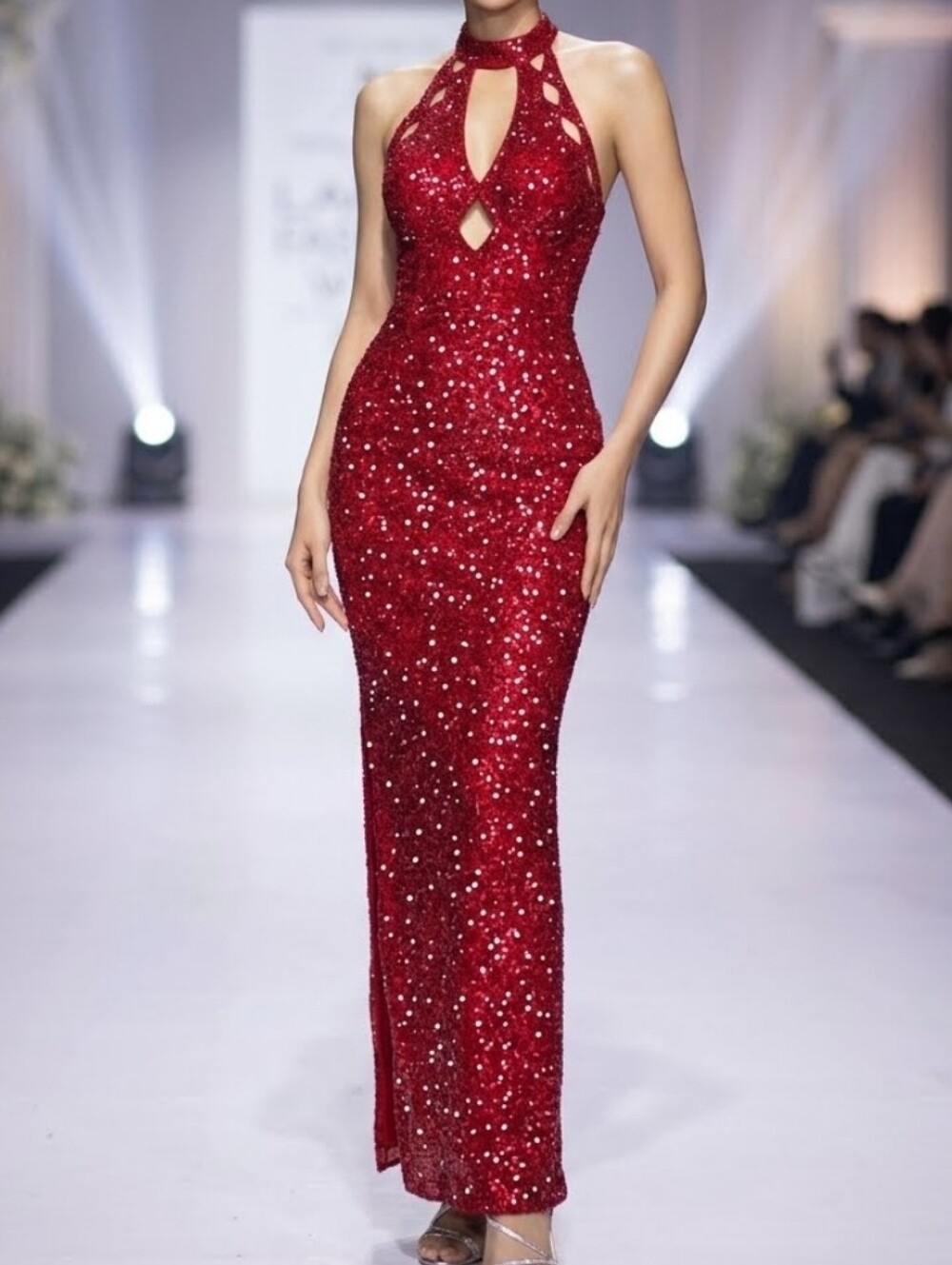 SCALA Red Sequin Halter Evening Gown Large Vintage